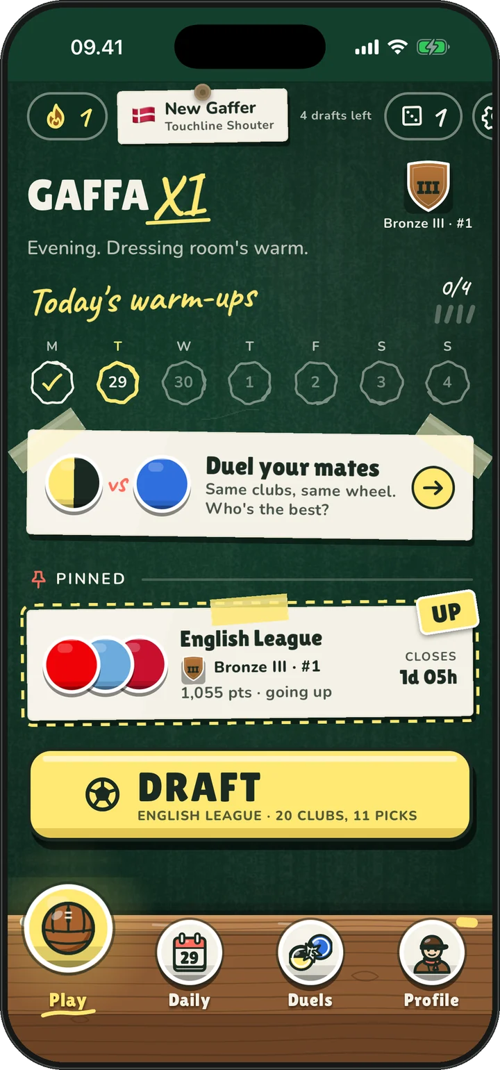 Home screen: no energy bar, daily warm-ups and the draft button
