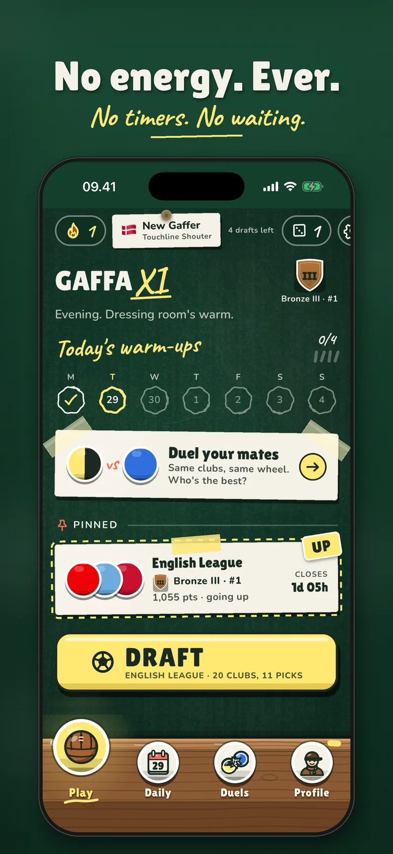 Home screen: no energy bar, daily warm-ups and the draft button